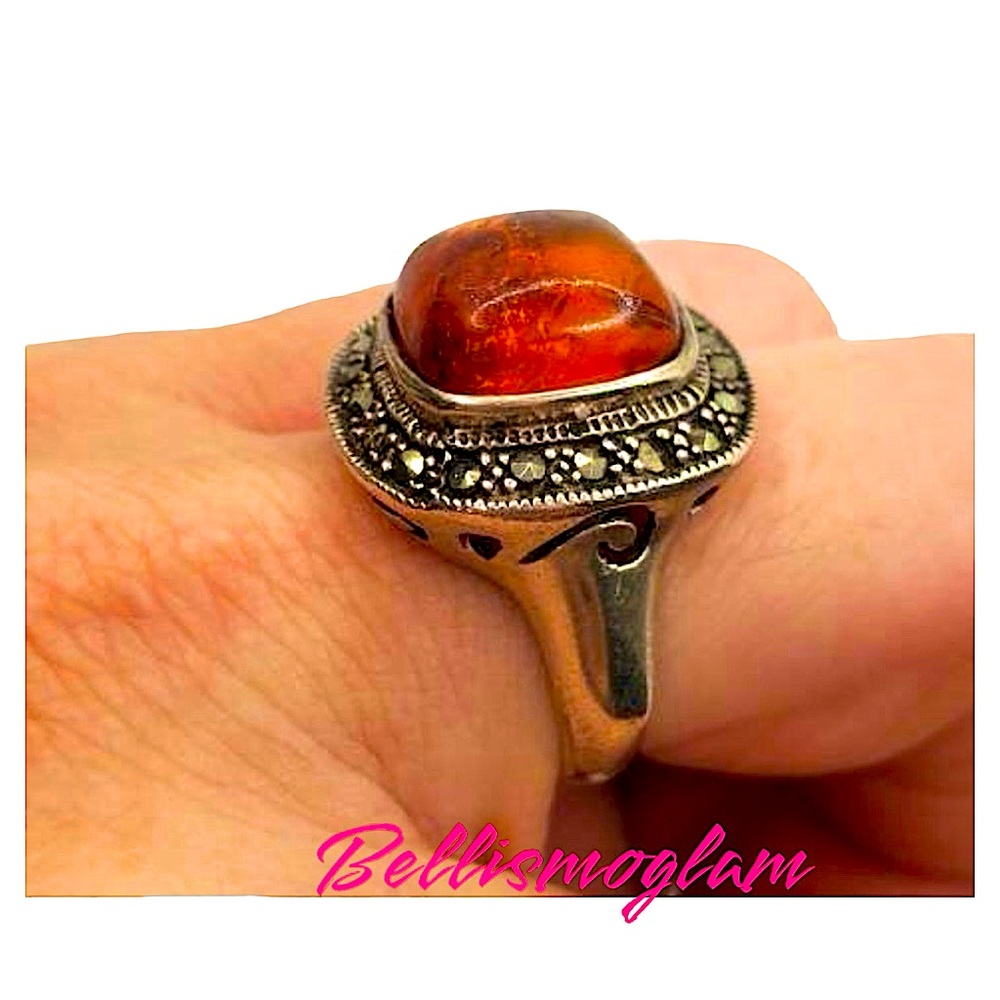 Amber Marcasite Ring Antique Ring Sterling Silver